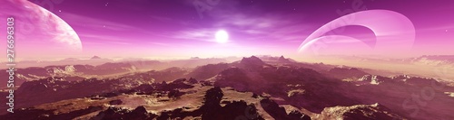 Alien landscape, sunset panorama on alien, 3d rendering