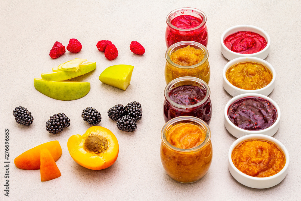 Healthy organic homemade assortment of fruit puree Healthy organic homemade assortment of fruit puree