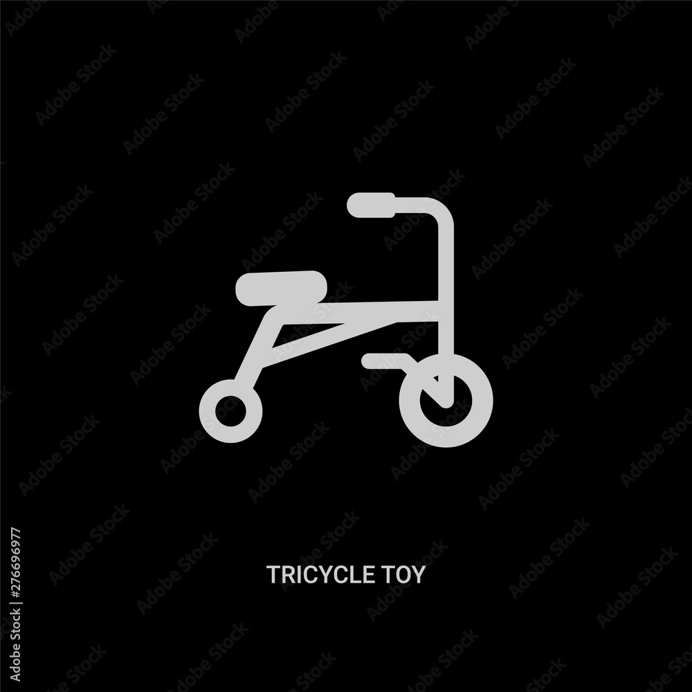 white tricycle toy vector icon on black background. modern flat tricycle toy from toys concept vector sign symbol can be use for web, mobile and logo. white tricycle toy vector icon on black background. modern flat tricycle toy from toys concept vector sign symbol can be use for web, mobile and logo.