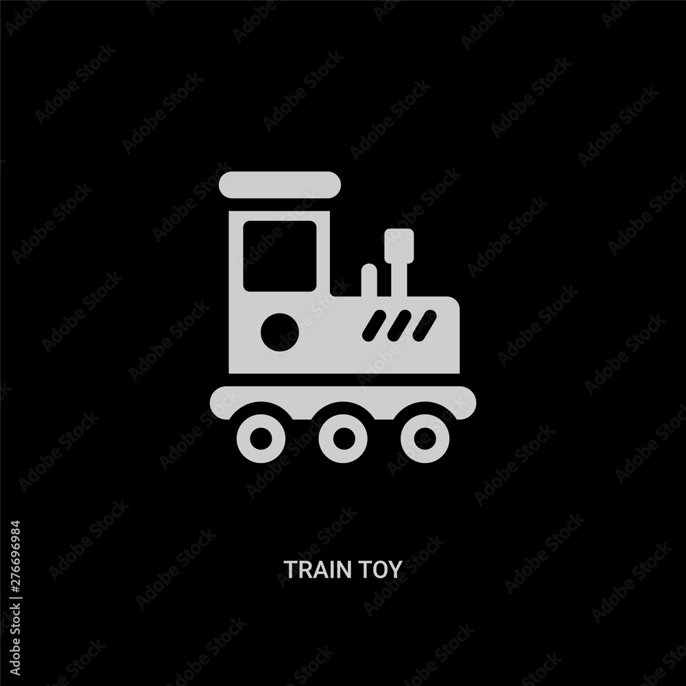 white train toy vector icon on black background. modern flat train toy from toys concept vector sign symbol can be use for web, mobile and logo. white train toy vector icon on black background. modern flat train toy from toys concept vector sign symbol can be use for web, mobile and logo.