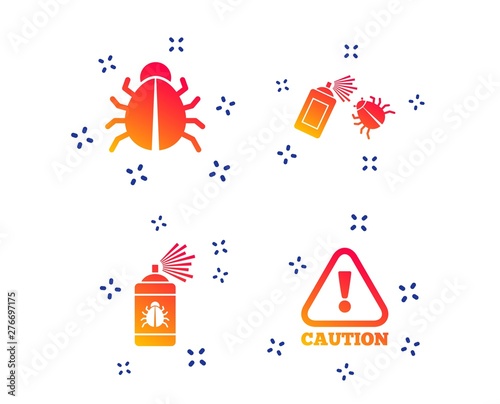 Bug disinfection icons. Caution attention symbol. Insect fumigation spray sign. Random dynamic shapes. Gradient insect icon. Vector