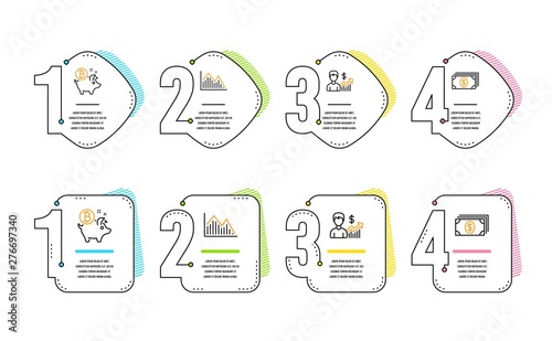 Investment graph, Business growth and Bitcoin coin icons simple set. Banking sign. Investment infochart, Earnings results, Piggy bank. Money payment. Finance set. Infographic timeline. Vector