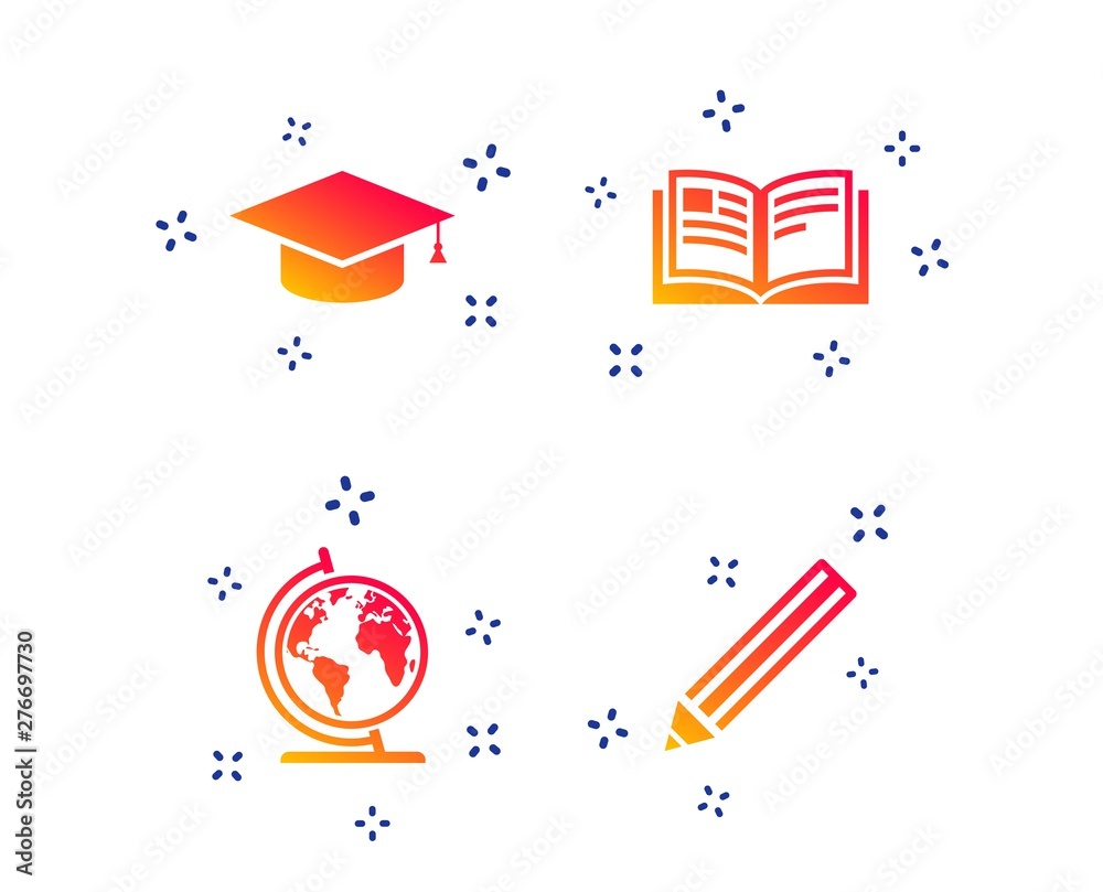 Pencil and open book icons. Graduation cap and geography globe symbols. Education learn signs. Random dynamic shapes. Gradient graduation icon. Vector Pencil and open book icons. Graduation cap and geography globe symbols. Education learn signs. Random dynamic shapes. Gradient graduation icon. Vector