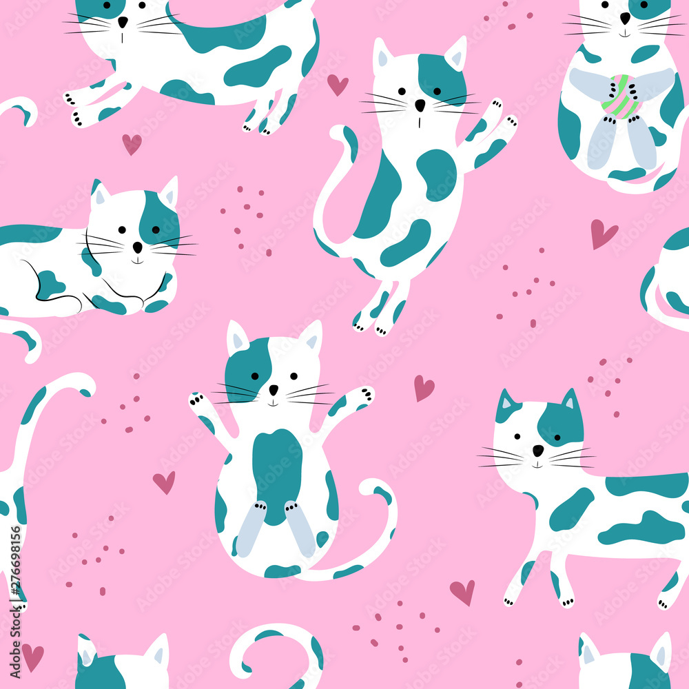 Seamless pattern  with cute cats. Great design for kids apparel, fabric, textile, packaging. Hand drawn vector illustration.