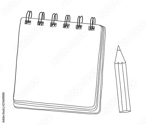 mini notebook and  pencil hand drawn cut line art vector illustration