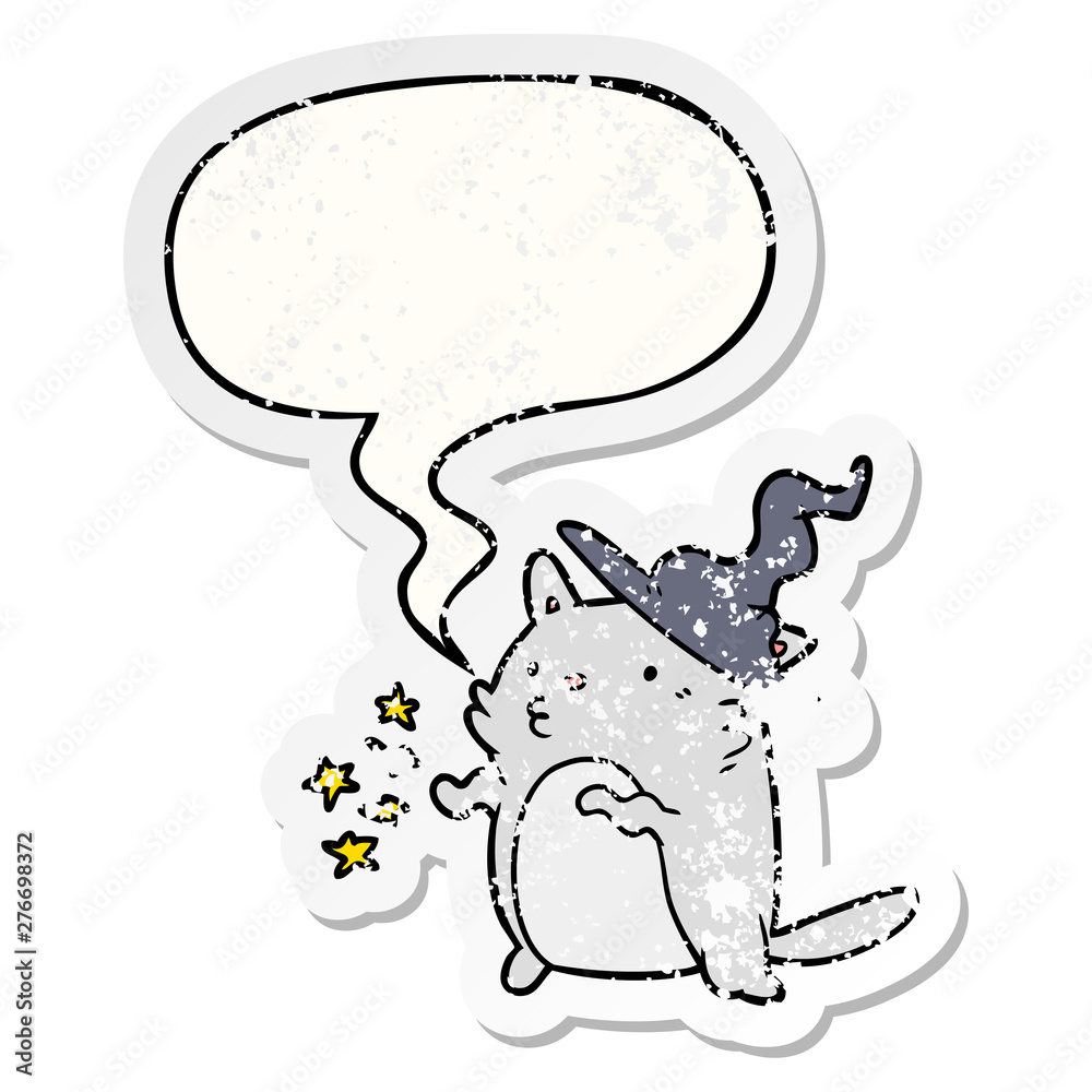 magical amazing cartoon cat wizard and speech bubble distressed sticker magical amazing cartoon cat wizard and speech bubble distressed sticker