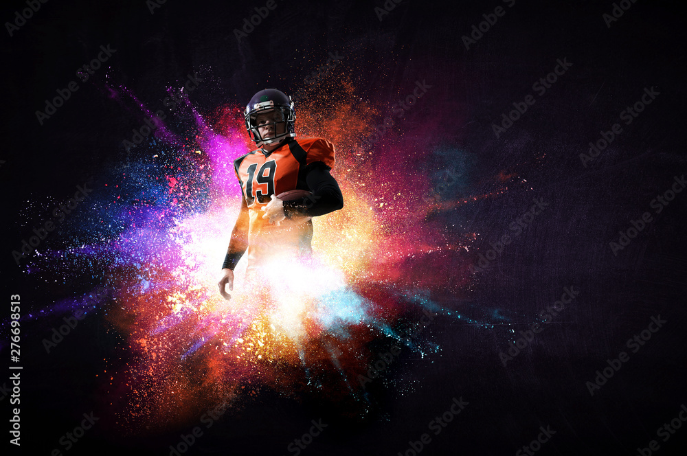 American football player in action. Mixed media