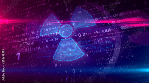 Cyber war with nuclear symbol hologram