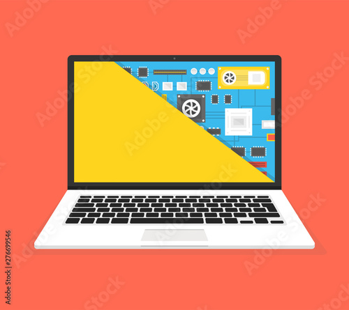 Laptop repair, computer service. Motherboard in the section of the screen. Vector illustration.