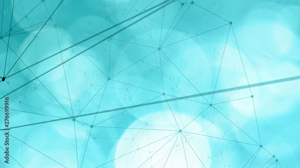 Fototapeta premium Digital technology transformation triangles shapes connection, mint green bokeh tech graphic