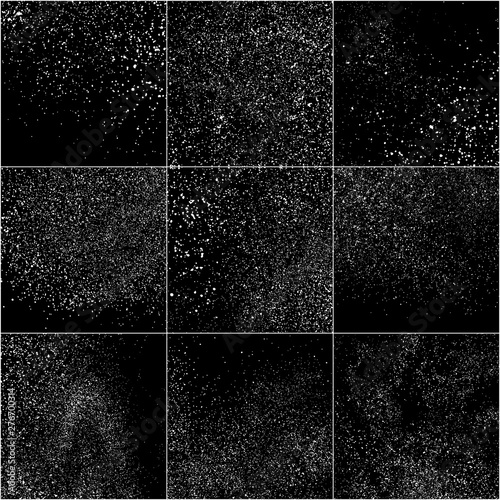 Set of White Grainy Texture Isolated On Black Background. Dust Overlay Texture. Noise Particles. Snow Effects Pack. Digitally Generated Image. Vector Illustration, EPS 10.