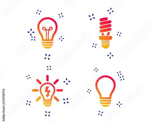 Light lamp icons. Fluorescent lamp bulb symbols. Energy saving. Idea and success sign. Random dynamic shapes. Gradient lamp icon. Vector