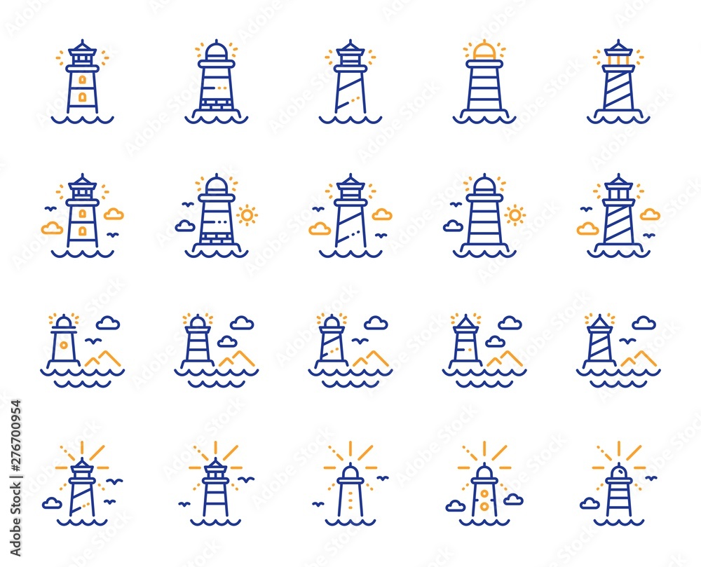 Lighthouse line icons. Searchlight tower with seagull for marine navigation of ships. Sea pharos, lighthouse or beacon icons. Ocean waves, nautical building, marine house. Vector