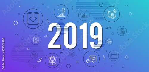 Infographic concept. Servers, Support consultant and Diagram graph icons simple set. Refund commission, Dirty water and Quick tips signs. Spanner, Load document and Bitcoin graph symbols. 2019 year