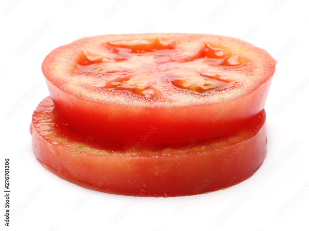 Fresh ripe, red tomato slices isolated on white background Fresh ripe, red tomato slices isolated on white background