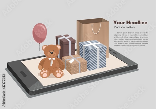 Mobile online shopping isometric concept. Teddy Bear and clorful gifts on phone. Vector Illustration