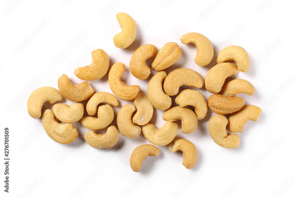 Salted cashew nuts isolated on white background, top view Salted cashew nuts isolated on white background, top view