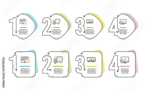 Bus tour, Approved documentation and Heart icons simple set. Seo adblock sign. Transport, Instruction book, Star rating. Search engine. Infographic timeline. Line bus tour icon. 4 options or steps