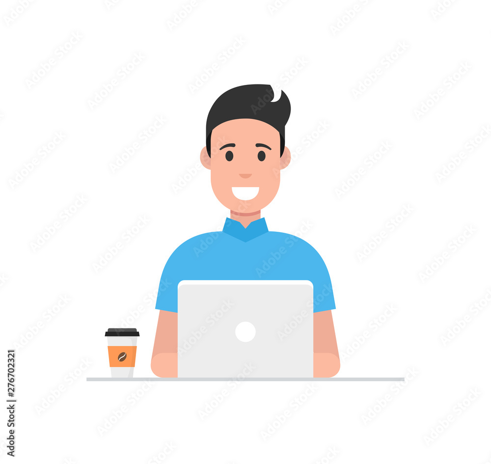 Man at his desk is working on the laptop computer and drinking coffee. Freelance job concept. Vector illustration.