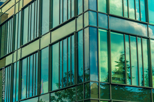 Sky and trees reflected in windows of modern office building. Finance  background.