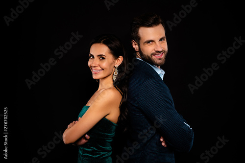 Close up side profile photo amazing pair she her classy he him his macho stand back to back best partners in love wear blue plaid costume jacket green glossy velvet dress isolated black background