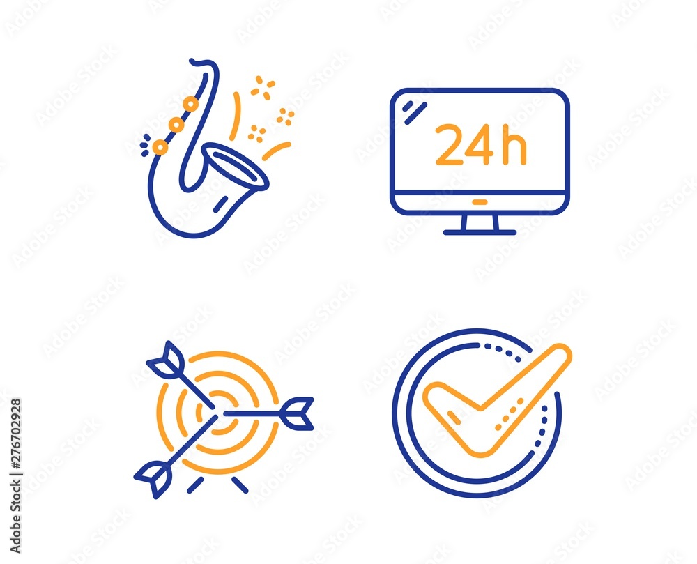 Obraz premium 24h service, Target and Jazz icons simple set. Confirmed sign. Call support, Targeting, Saxophone. Accepted message. Linear 24h service icon. Colorful design set. Vector