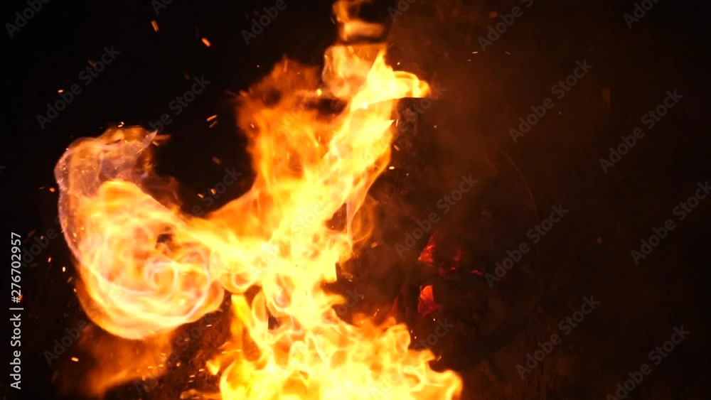 Tongues Of Camp Fire In The Night. Slow Motion. Tongues Of Camp Fire In The Night. Slow Motion.