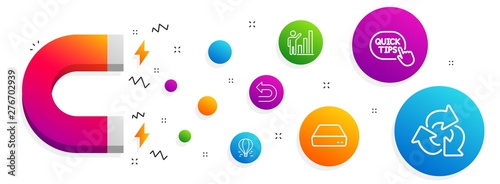 Magnet attracting. Graph chart, Undo and Air balloon icons simple set. Mini pc, Quick tips and Recycle signs. Growth report, Left turn. Technology set. Line graph chart icon. Editable stroke. Vector