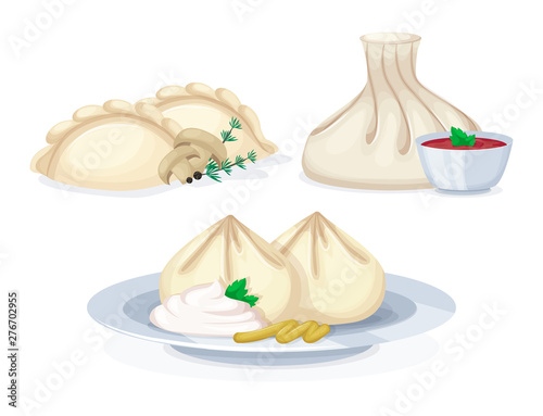 Traditional tasty food mantas khinkali vareniki dishes from meat