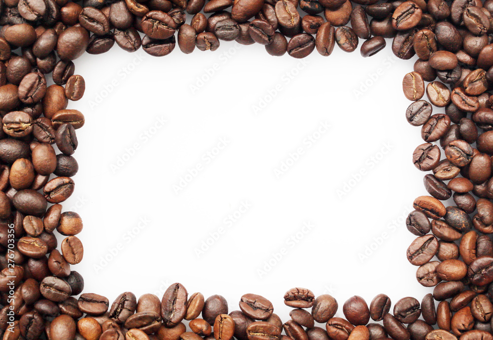 frame of coffee beans with space for text on a white background