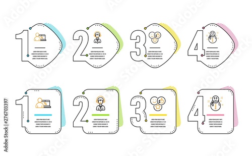 Online education, Like and Shipping support icons simple set. Snowman sign. Internet lectures, Social media likes, Delivery manager. New year. Infographic timeline. Line online education icon. Vector
