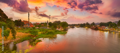 Sunset over Kwai river, Kanchanaburi, Thailand. Panorama photo