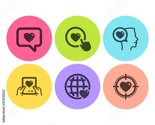 Like button, Love mail and Romantic talk icons simple set. International love, Valentine target signs. Valentine letter, Internet dating. Love set. Flat like button icon. Circle button. Vector