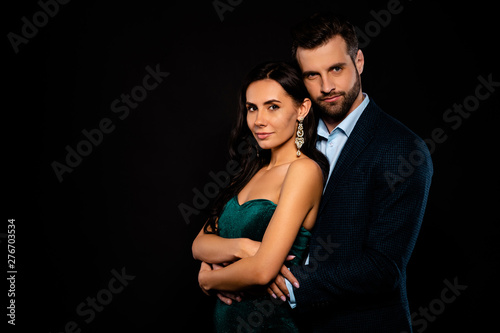 Profile side view portrait of his he her she nice-looking fascinating attractive lovely lovable luxurious confident two person soul mate perfect match isolated over black background