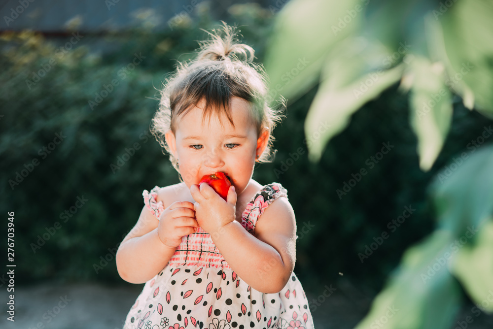 A little girl eating a tomato. Very nice kontrova lights in the garden A little girl eating a tomato. Very nice kontrova lights in the garden