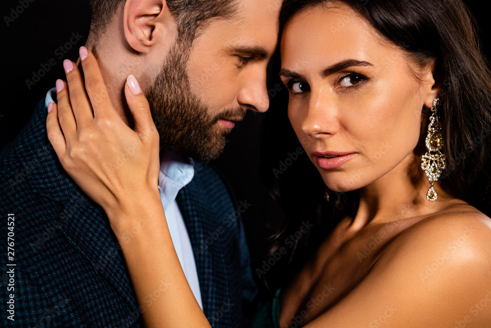 Fototapeta premium Close-up cropped portrait of his he her she nice-looking attractive magnificent shine luxurious passionate two person caressing St Valentine day event 14 February isolated over black background