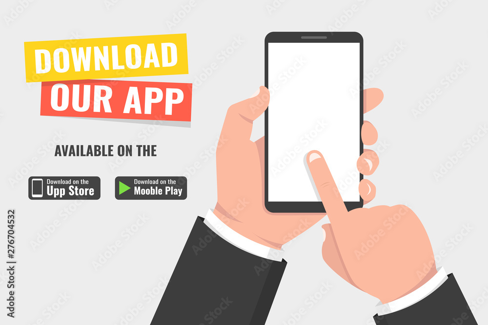 Download page of the mobile app. Hand holding smartphone and touching screen. Vector illustration. - obrazy, fototapety, plakaty 