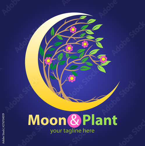 Vector abstract, moon and plant for agriculture or gardening business symbol