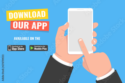 Download page of the mobile app. Hand holding smartphone and touching screen. Vector illustration.