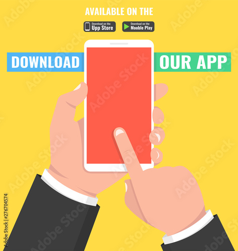 Download page of the mobile app. Hand holding smartphone and touching screen. Vector illustration.