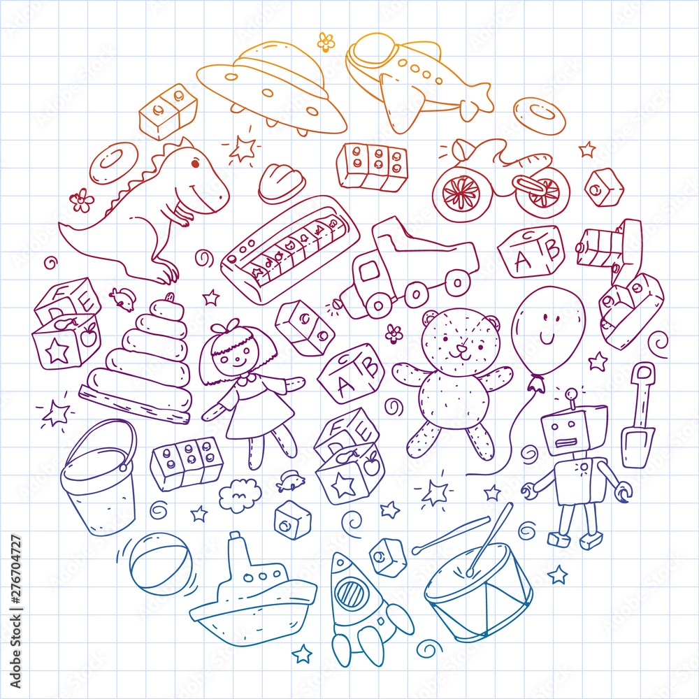 Vector pattern with kindergarten, toy children. Happy children illustration. Gradient drawing on a notebook in a Squared notebook. Vector pattern with kindergarten, toy children. Happy children illustration. Gradient drawing on a notebook in a Squared notebook.