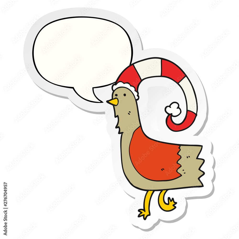 Naklejka premium caroton chicken in funny christmas hat and speech bubble sticker