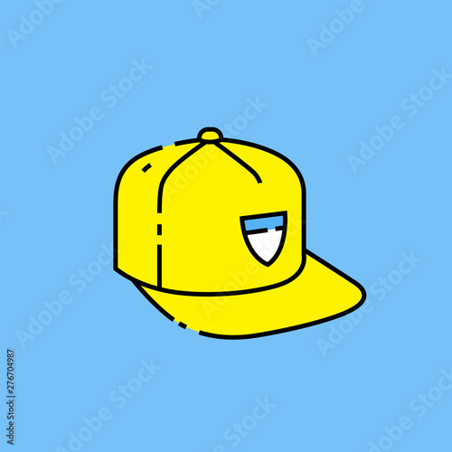 Yellow baseball cap line icon. Flat peak snapback headwear design isolated on blue background. Modern hat symbol. Vector illustration.