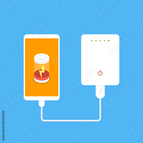Power bank connected to smartphone by usb cable. Vector illustration.