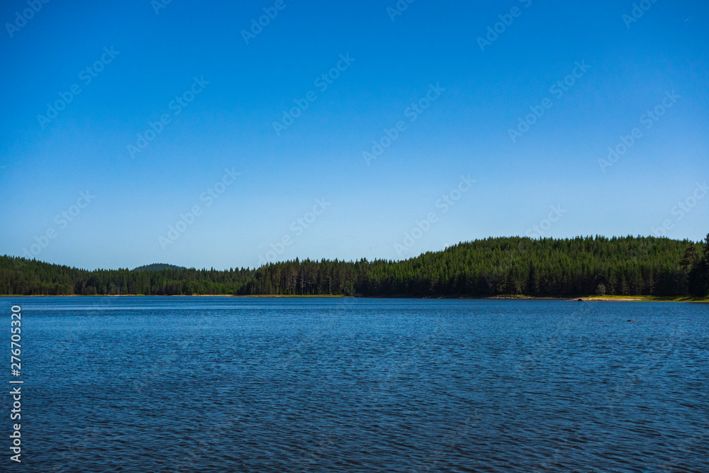 View of the landscape of the lake in the mountain during summer. Copy space for text on blue sky. View of the landscape of the lake in the mountain during summer. Copy space for text on blue sky.