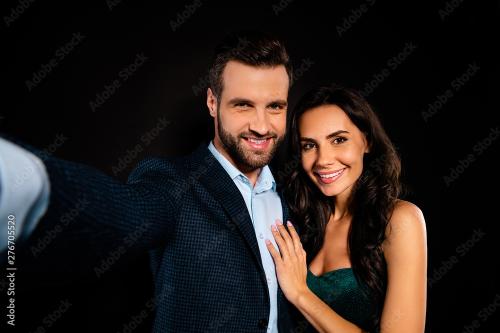 Close up photo beautiful she her classy lady wife he him his husband cute mrs mr luxurious married spouse make take selfies honeymoon wear costume jacket velvet green dress isolated black background