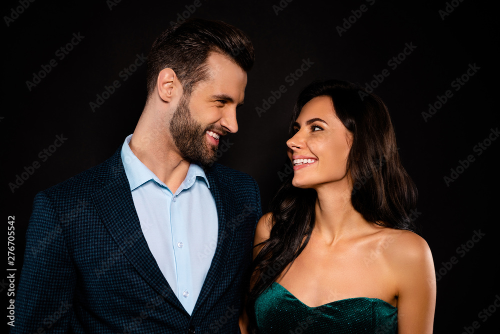 Close up photo beautiful she her classy lady wife he him his husband cute look eyes mrs mr luxurious just married spouse wear plaid costume jacket velvet green shine dress isolated black background