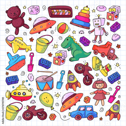 Vector pattern with kindergarten, toy children. Happy children illustration. Drawing on squared notebook.