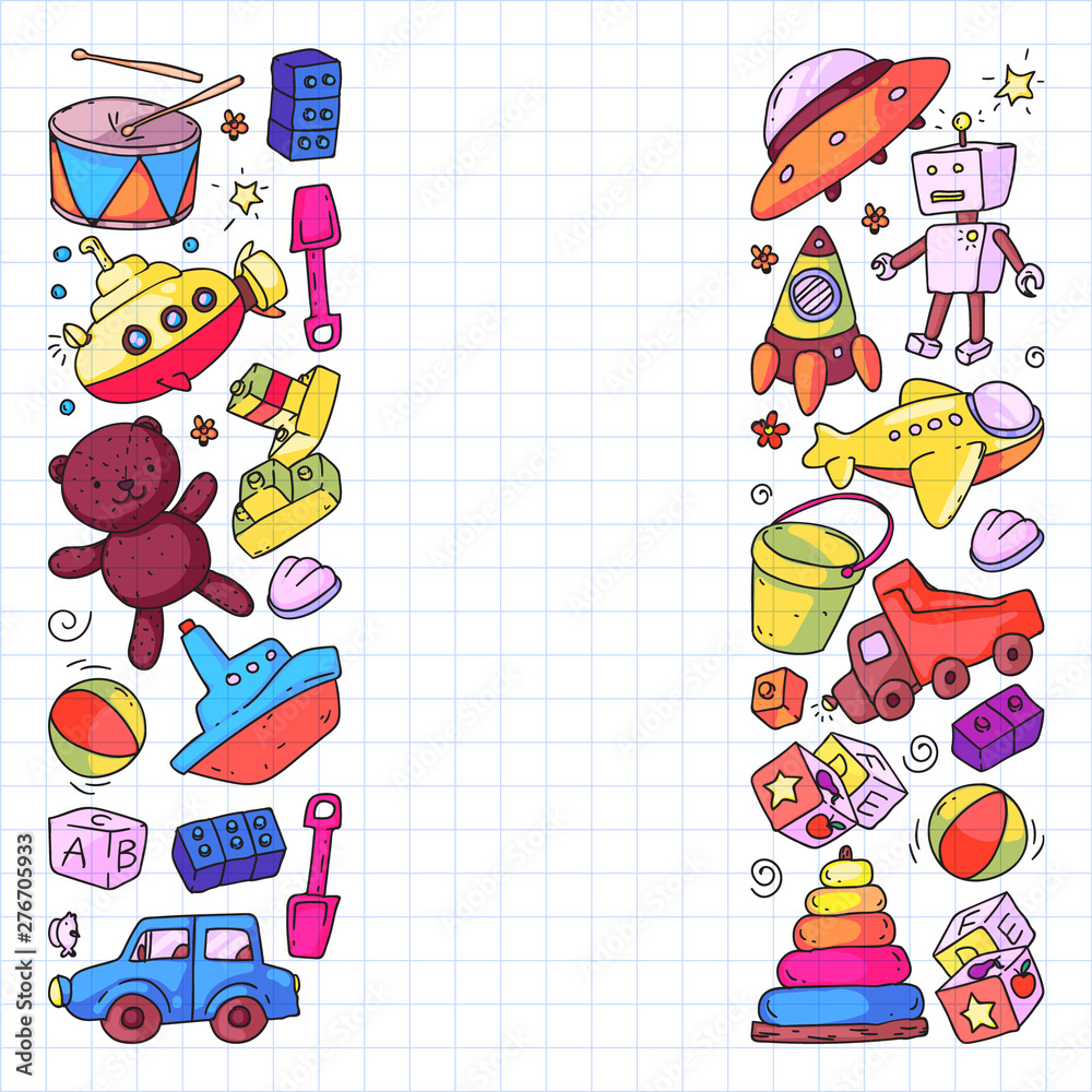 Fototapeta premium Vector pattern with kindergarten, toy children. Happy children illustration. Drawing on squared notebook.
