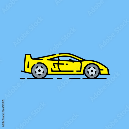 Yellow supercar line icon. Classic sports car symbol. Retro performance motor vehicle isolated on blue background. Vector illustration.